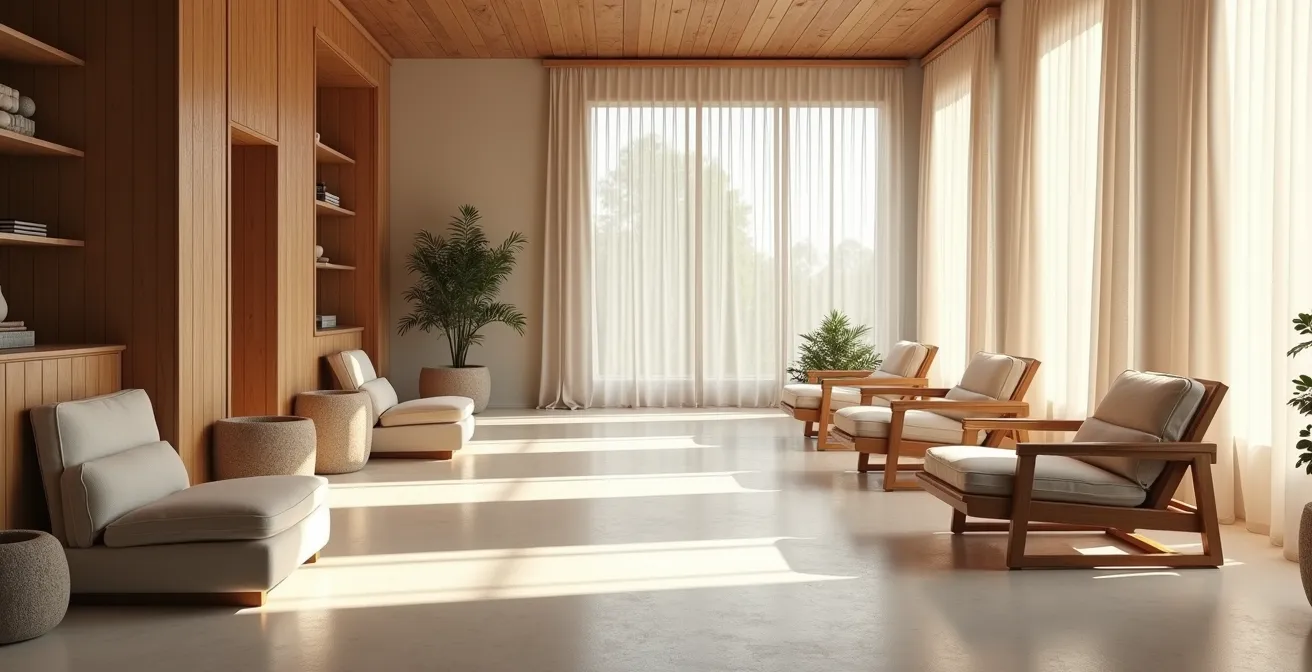 Intérieur épuré d'un salon avec mobilier en bois naturel et espace lumineux