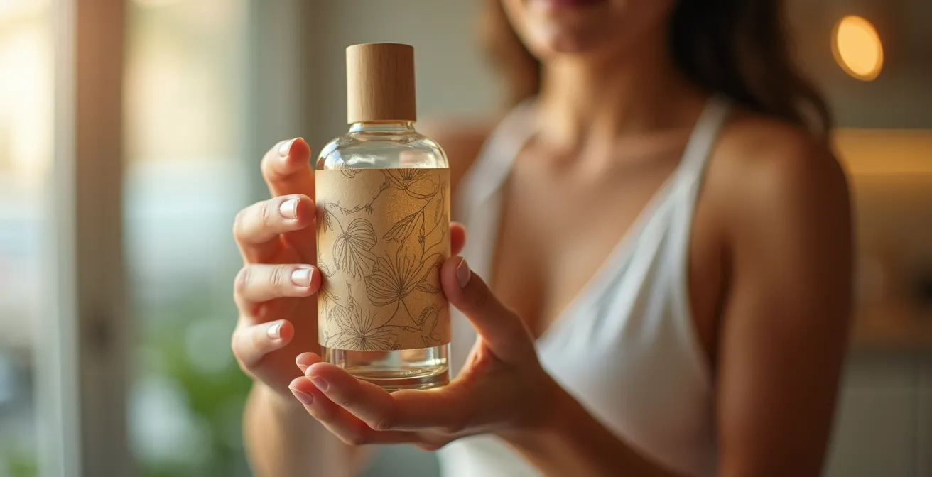 Gros plan sur une main examinant l'étiquette d'un produit capillaire biologique