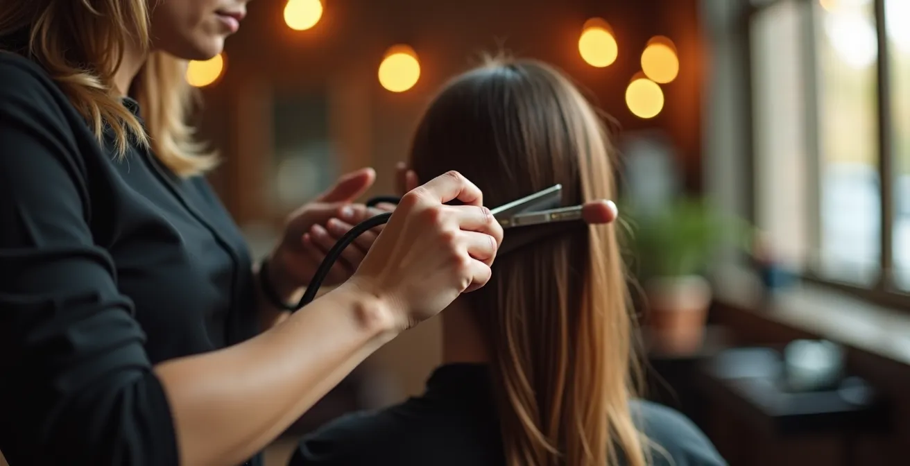 Mains expertes d'un coiffeur travaillant avec précision sur une chevelure en transformation