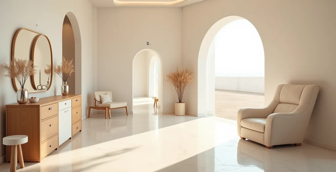 Vue d'ensemble d'un espace salon épuré avec jeu de lumières naturelles créant une atmosphère apaisante